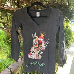 Ed Hardy micro mini Black V-Neck‎ long sleeve T-Shirt dress-New York Graphic